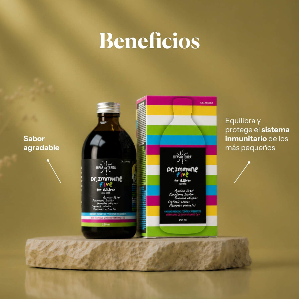Vorteile von Dr. Immune Five: Kindersirup mit Beta-Glucanen, Präbiotika und den Vitaminen D und C | Hifas da Terra